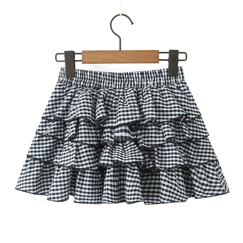 Retro Plaid Cake Short Skirt Women Sweet Sexy Elastic High Waist Ruffles Bubble Skirt - ALZO