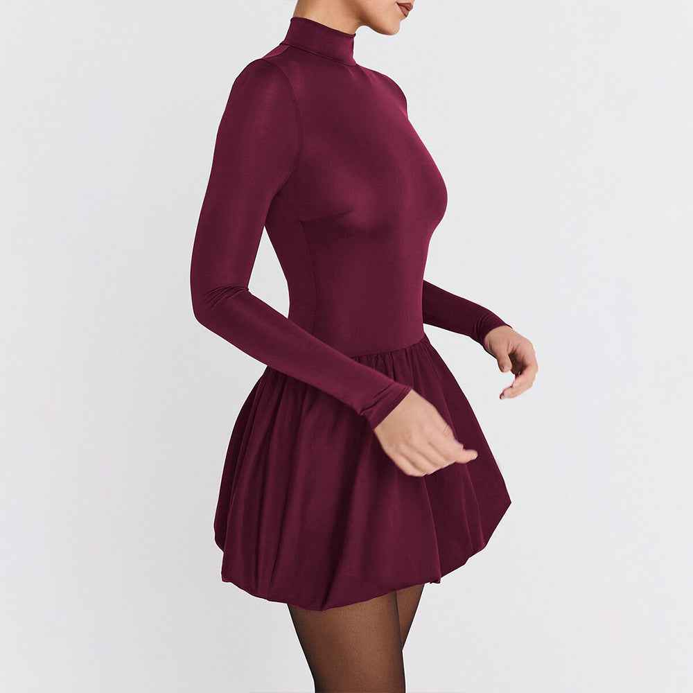 Elegant Slim Fit Women Dress Sexy Turtleneck Long Sleeved Tight Waist Pleated A line Dress
