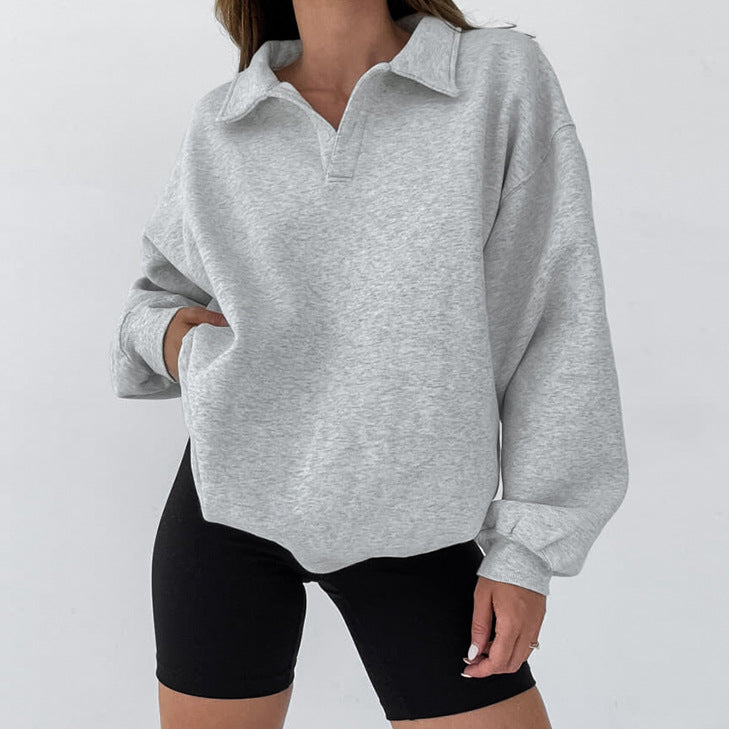 Autumn Winter Loose Casual Sweatshirt Lantern Sleeve Polo Collar Design Blouse Women - ALZO