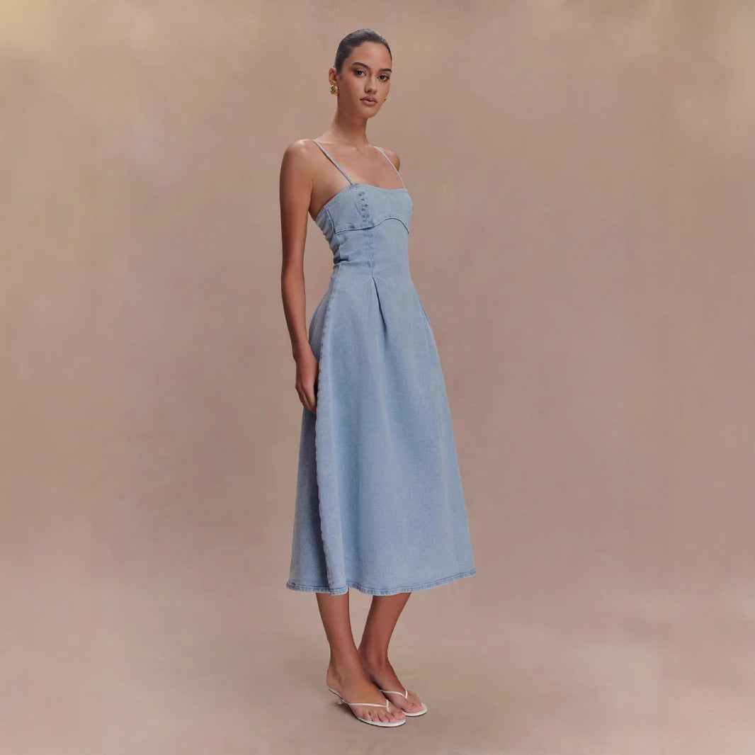 Sexy Women Wear Summer Tube Top Solid Color Sleeveless Denim Sling Dress