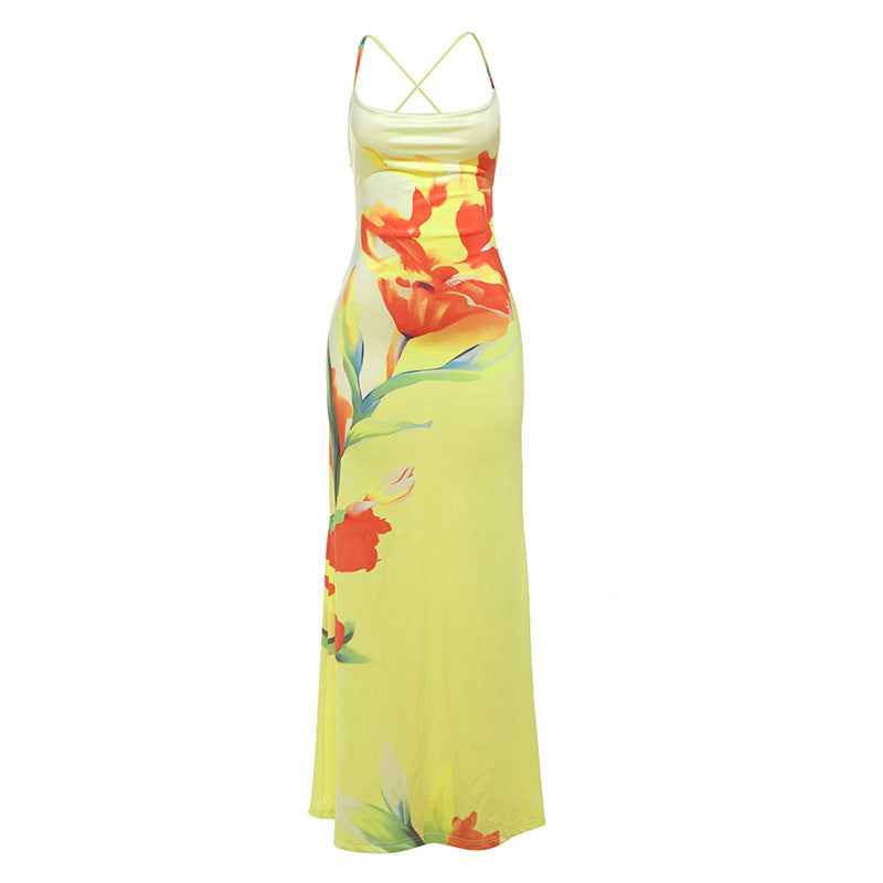 Summer Women Elegant Halter Swing Collar Contrast Color Floral Print Slim Fit Sheath Dress