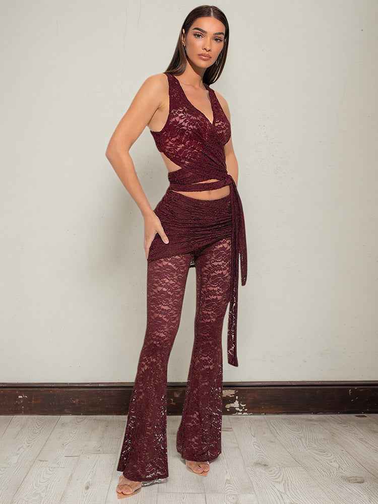 Women Clothing Slim Fit V neck Sling Vest Sheath Flared Pants Lace Two Piece Sets