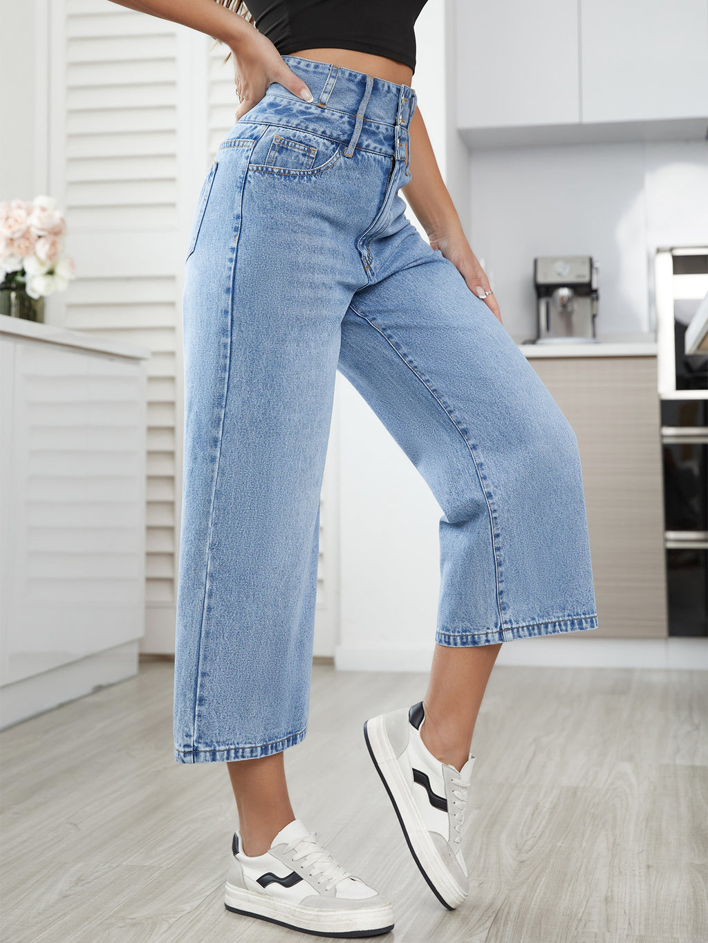 Denim Pants Women Straight High Waist Cropped Pants - ALZO