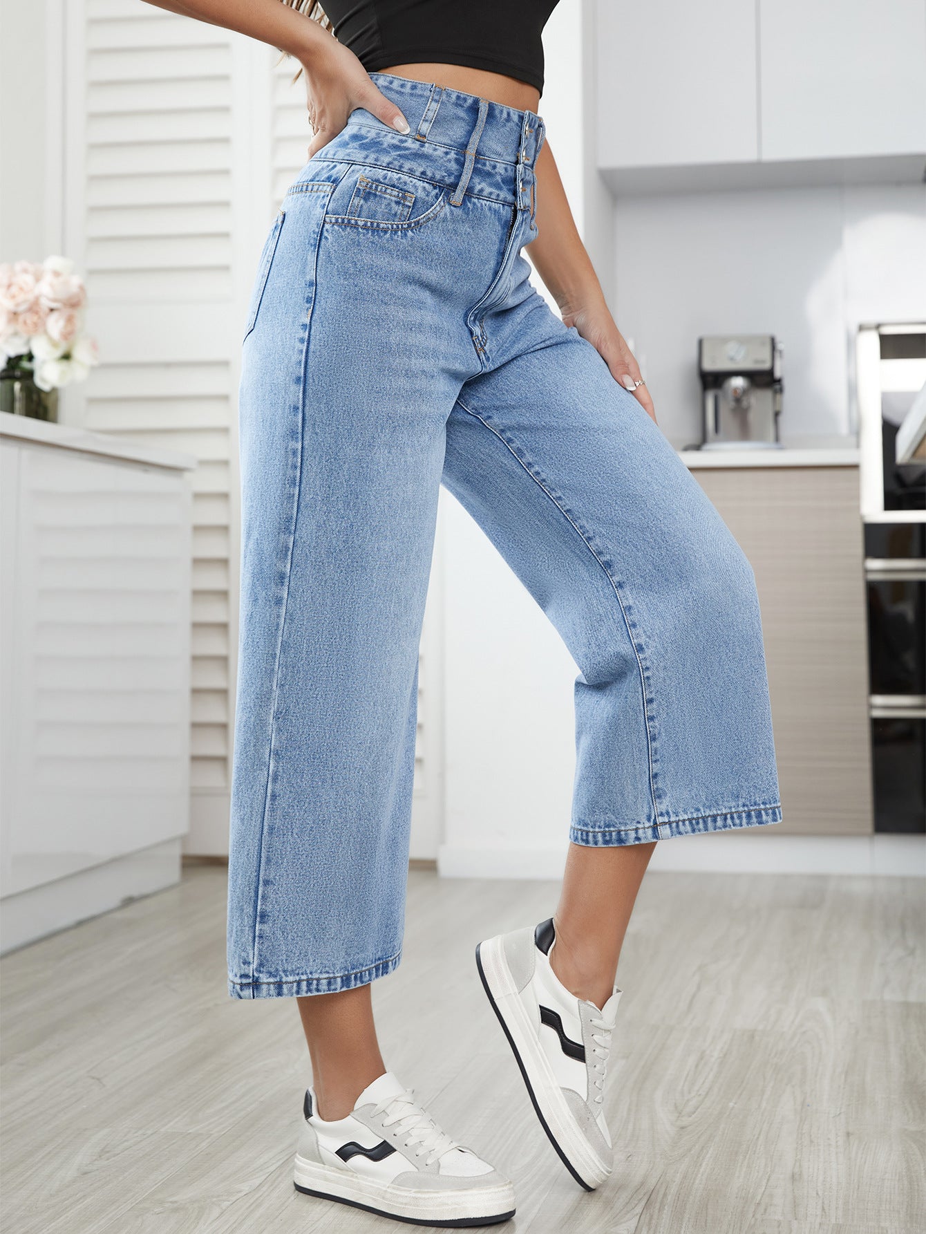 Denim Pants Women Straight High Waist Cropped Pants - ALZO
