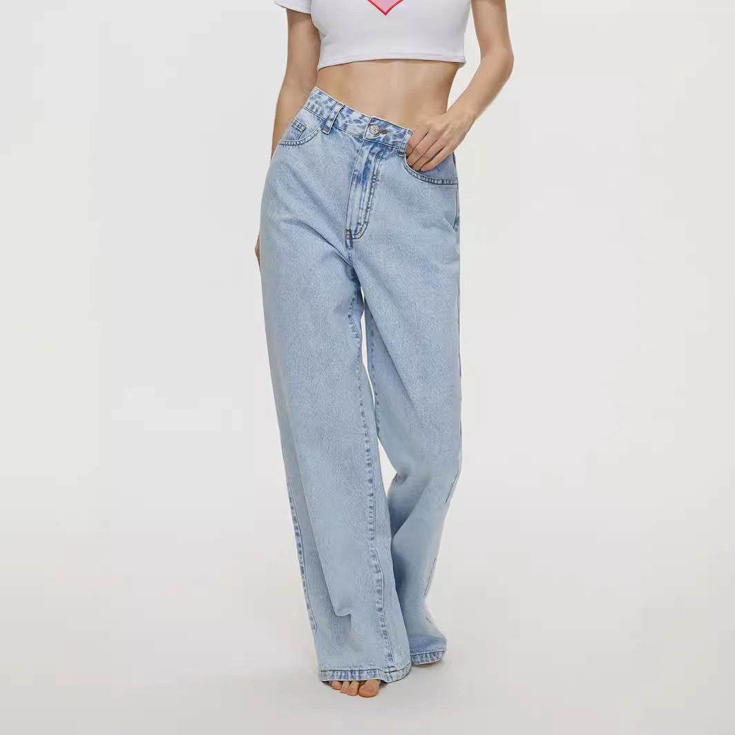 Women Clothing Straight Loose High Waist Denim Trousers - ALZO