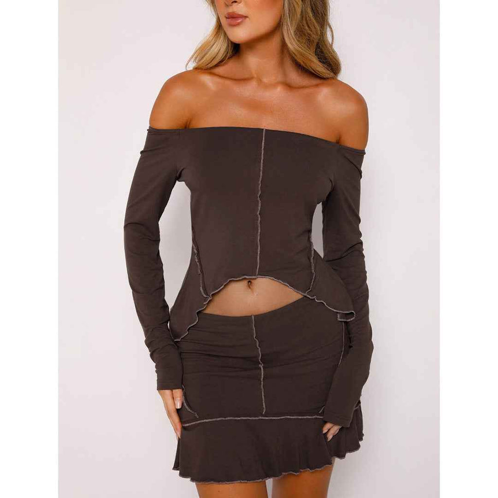 Women Clothing Sexy Solid Color Reverse Design Off Neck Skirt Set