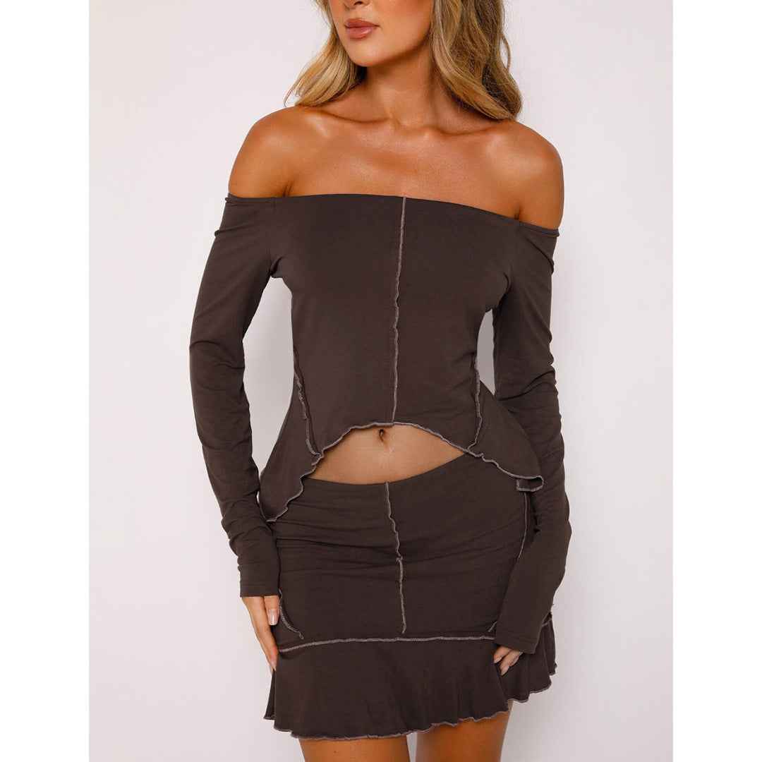 Women Clothing Sexy Solid Color Reverse Design Off Neck Skirt Set