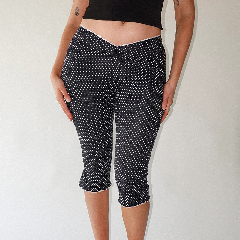 Polka Dot Lace Stitching Halter Bandeau Camisole V Waist Tight Pants Two Piece Sets Women - ALZO