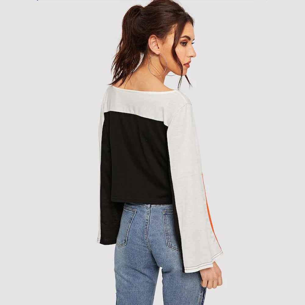 Spring Summer Women Clothing round Neck Pullover Solid Color Patchwork Flared Sleeves T shirt Top for Women