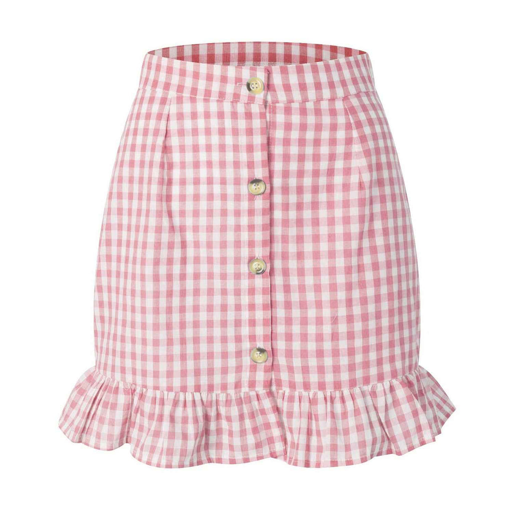Summer Women Clothing Plaid Lotus Leaf Skirt High Waist Single Row Button Small Plaid Skirt for Women