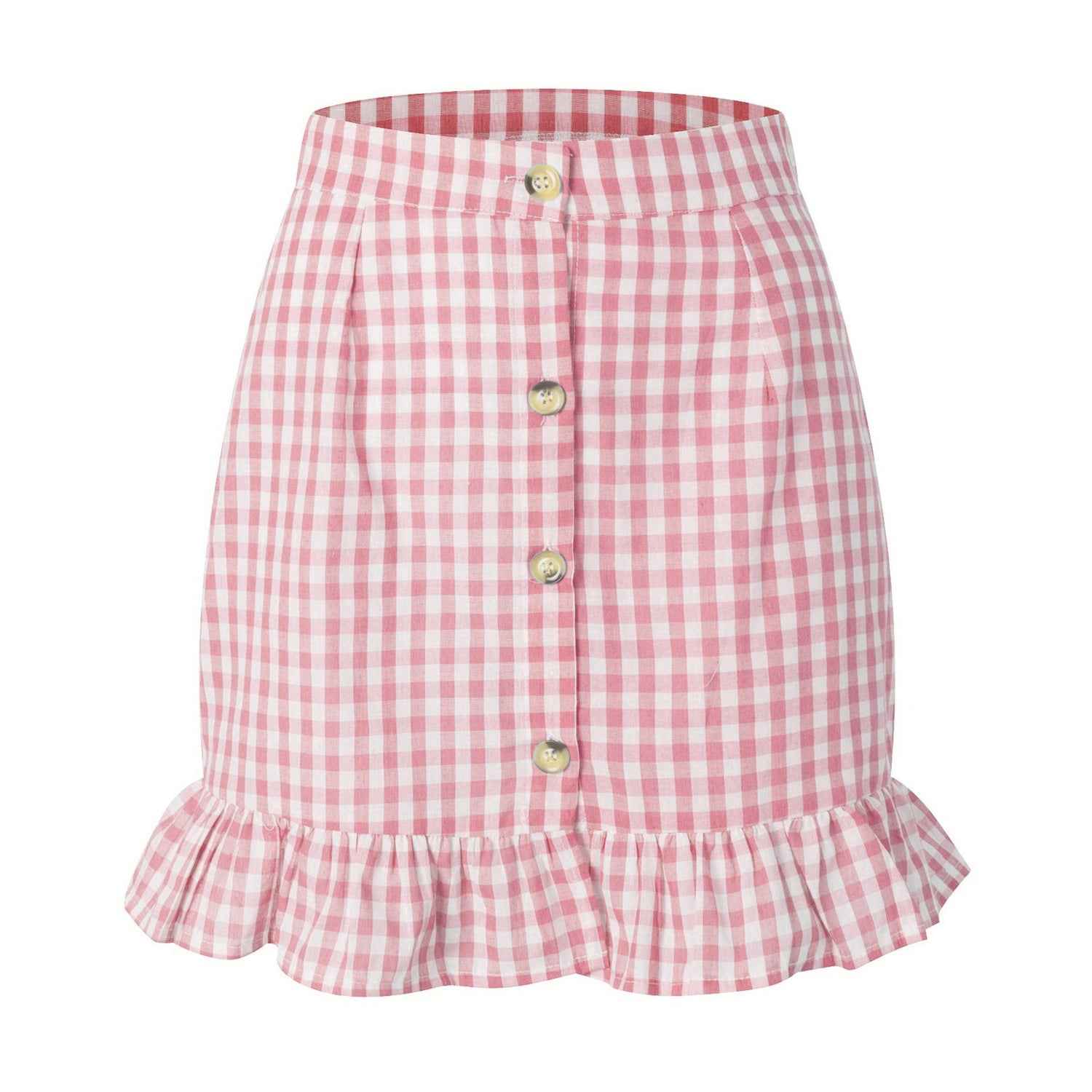Summer Women Clothing Plaid Lotus Leaf Skirt High Waist Single Row Button Small Plaid Skirt for Women