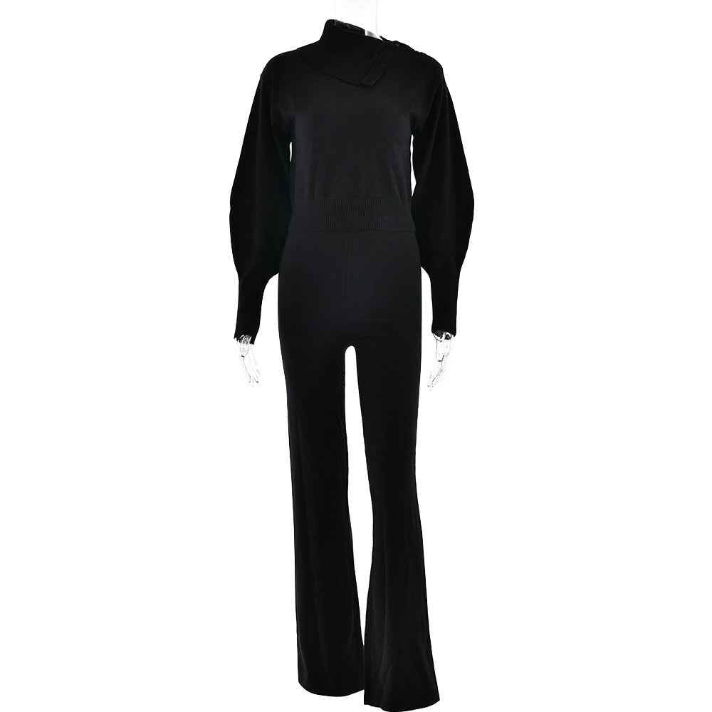 Winter Two Piece Set Sexy Trend Hooded Long Sleeve Straight Leg Pants Knitting Set