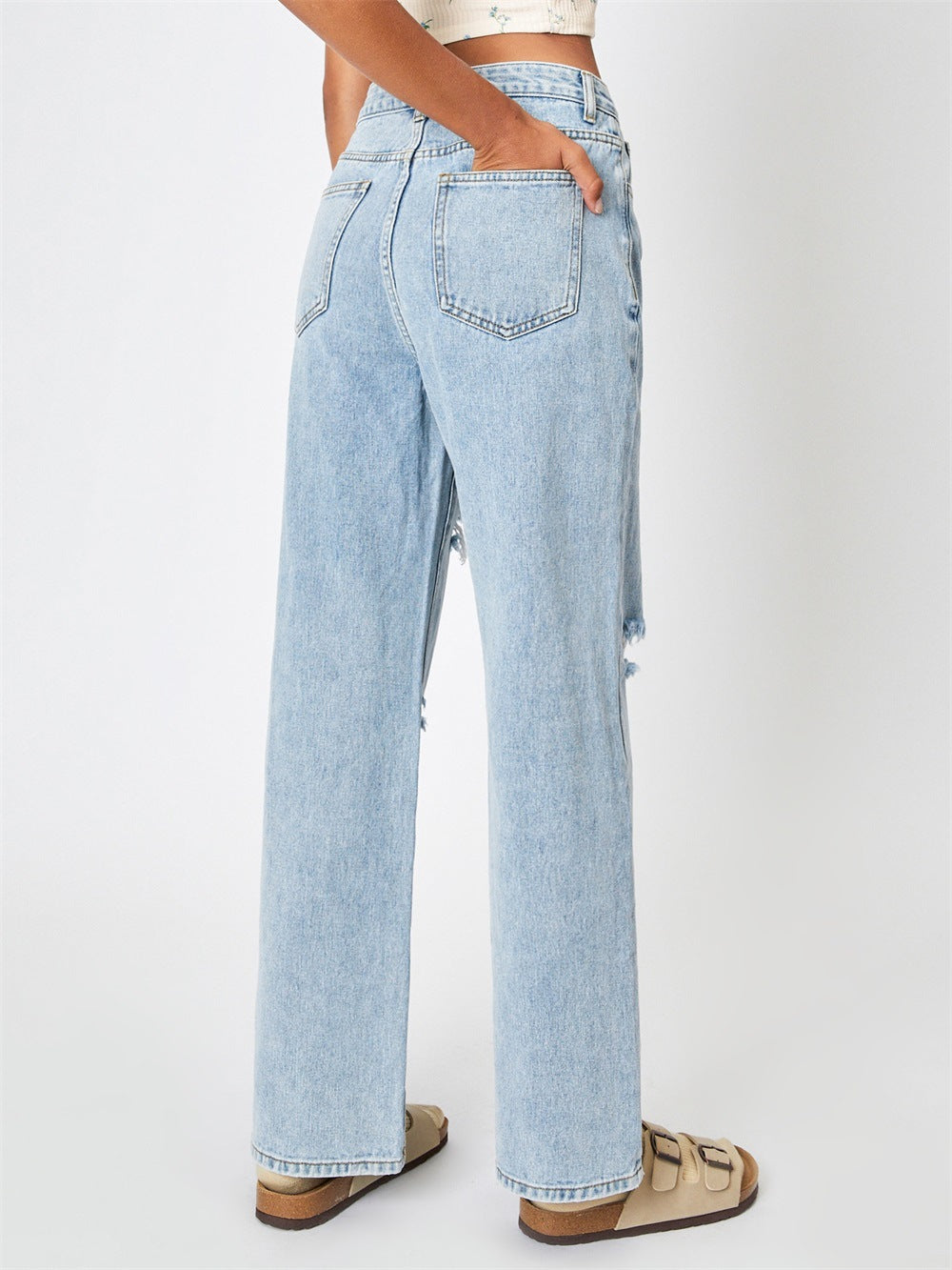 Black Classic Hole Washing Straight-Leg Denim Trousers Jeans - ALZO