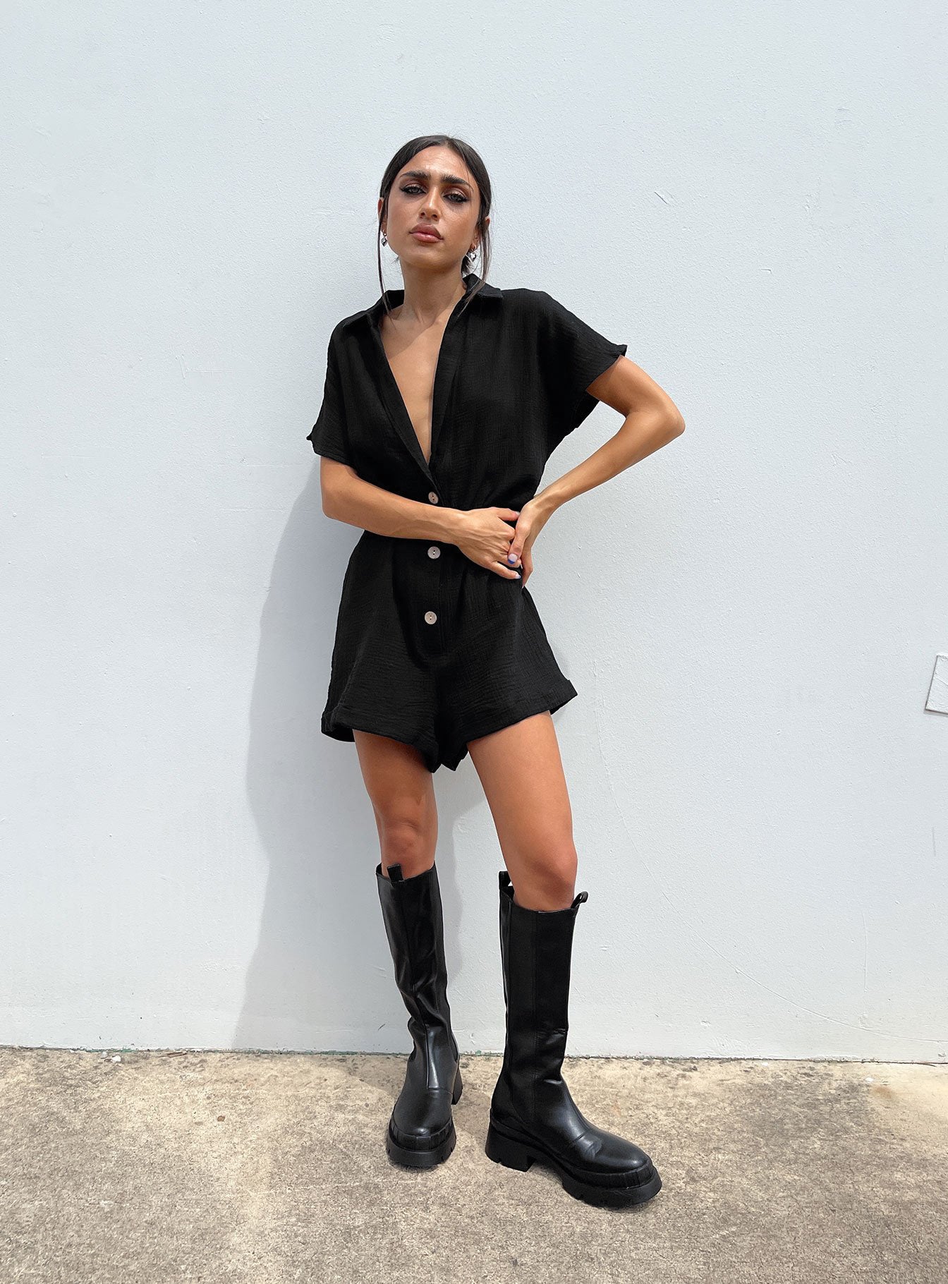 Cotton Linen Breathable Comfortable Loose Button Deep V-neck Sexy Casual Women Romper Romper - ALZO