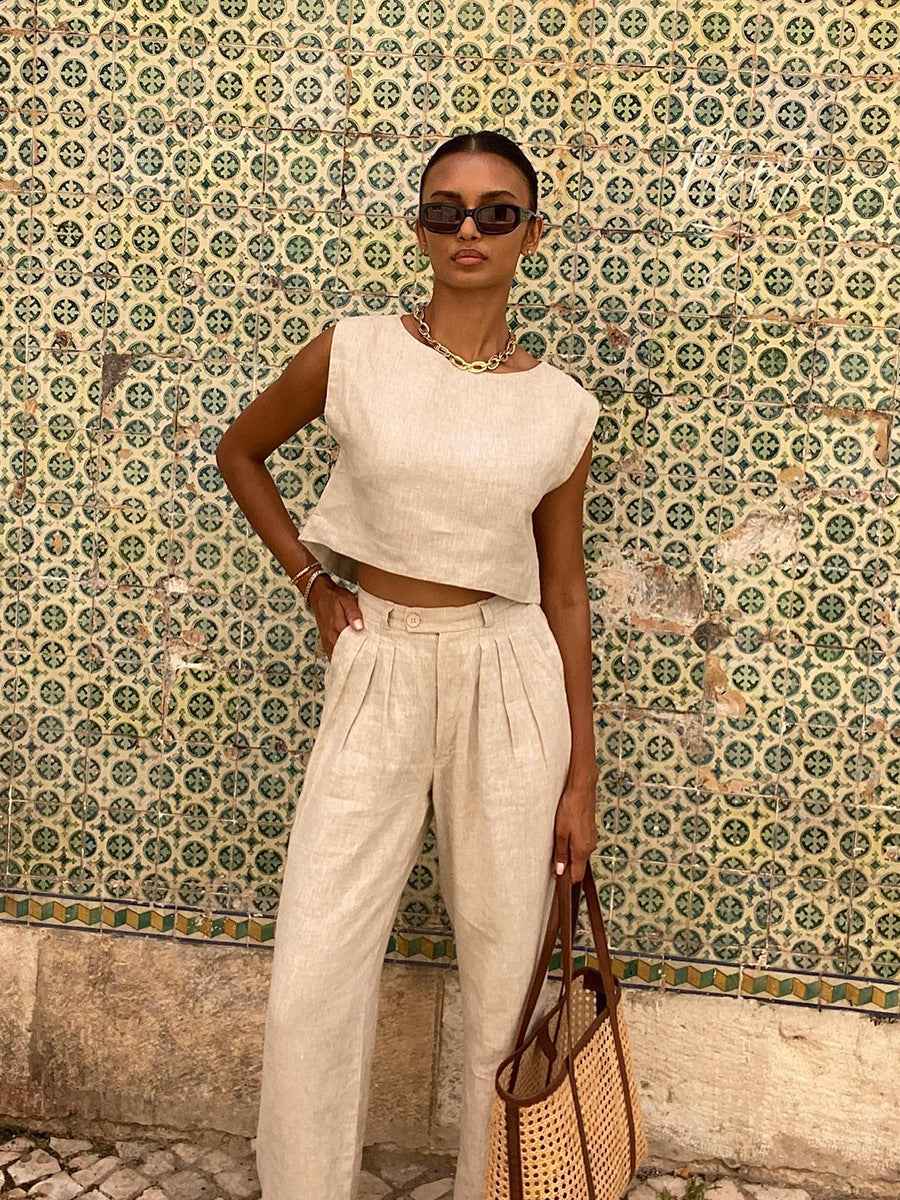 Linen Vest Pants Summer Sleeveless Vest Wide Leg Pants Casual Two Piece Sets