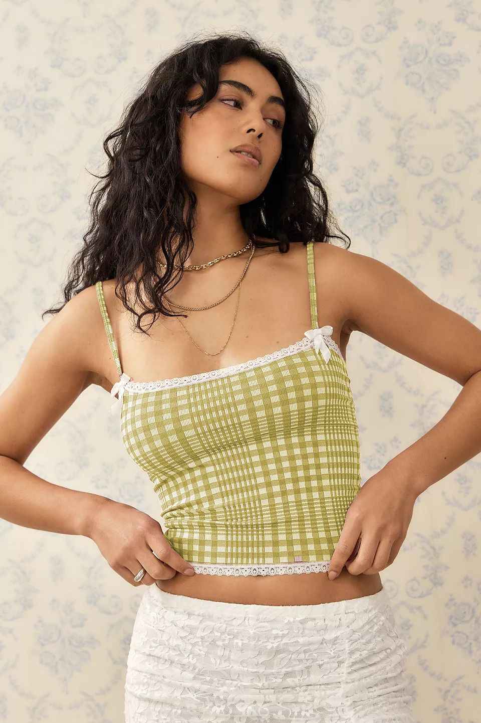 Summer Women Clothing Plaid Lace Sling Slim Fit Tank Top Sweet Spicy