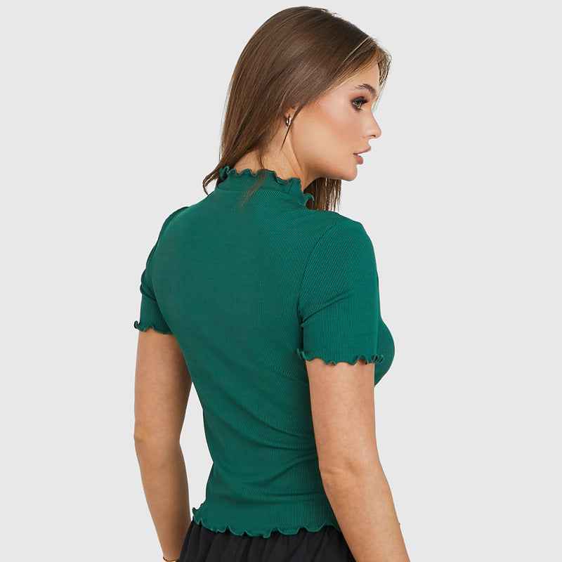 Women Clothing Women Short Sleeve Solid Color Turtleneck T Shirt Thread Sunken Stripe High Elastic Top