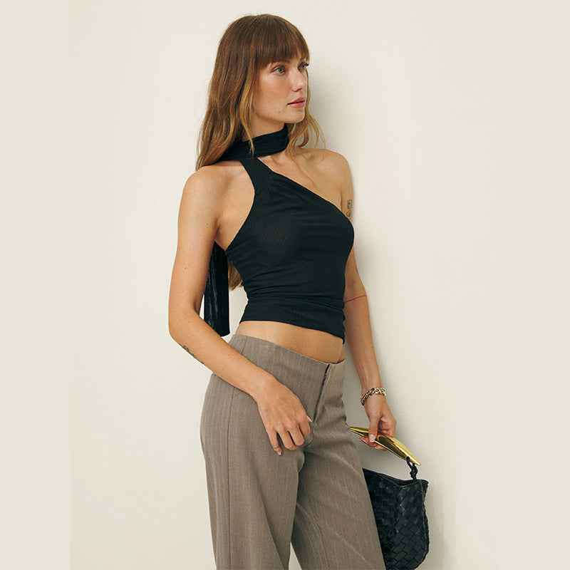 Fine Sunken Stripe Women Clothing Sexy Cool Strap Waist Tight Slim Fit Tank Top