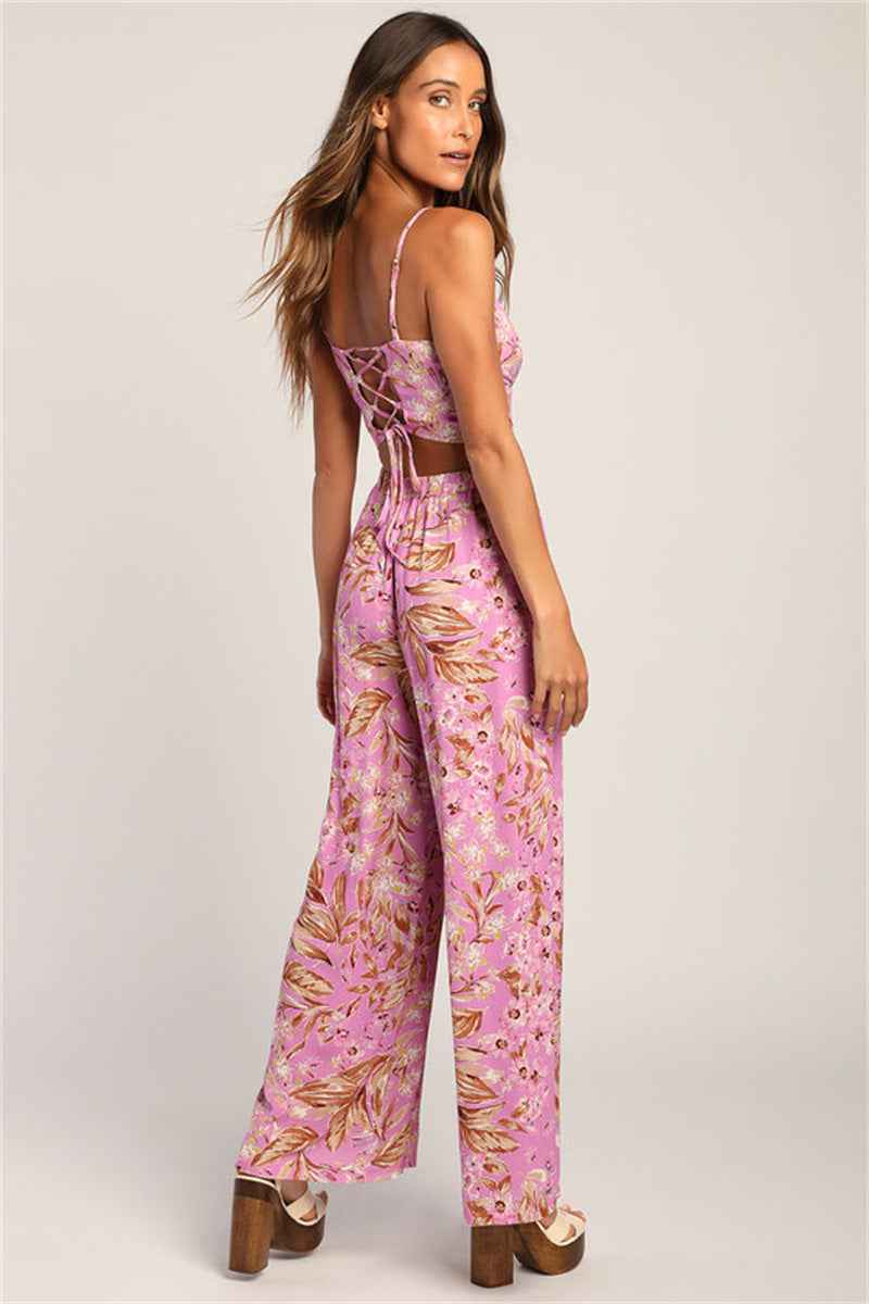 Casual Sexy Sling Vest High Waist Print Wide Leg Pants Two Piece Sets