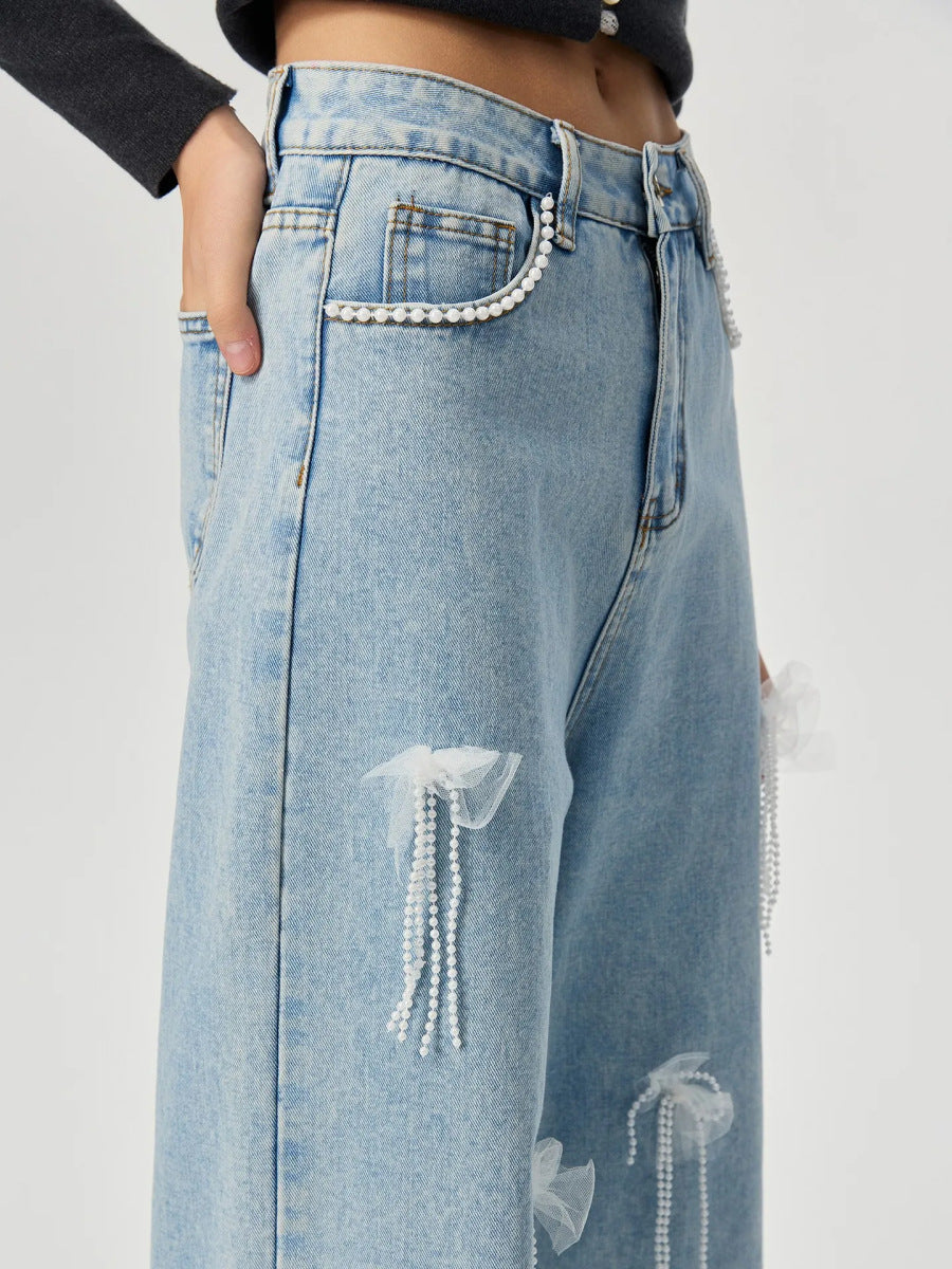 Women Wear Butterfly Decoration Loose Wide Leg Denim Trousers Women Jeans - ALZO