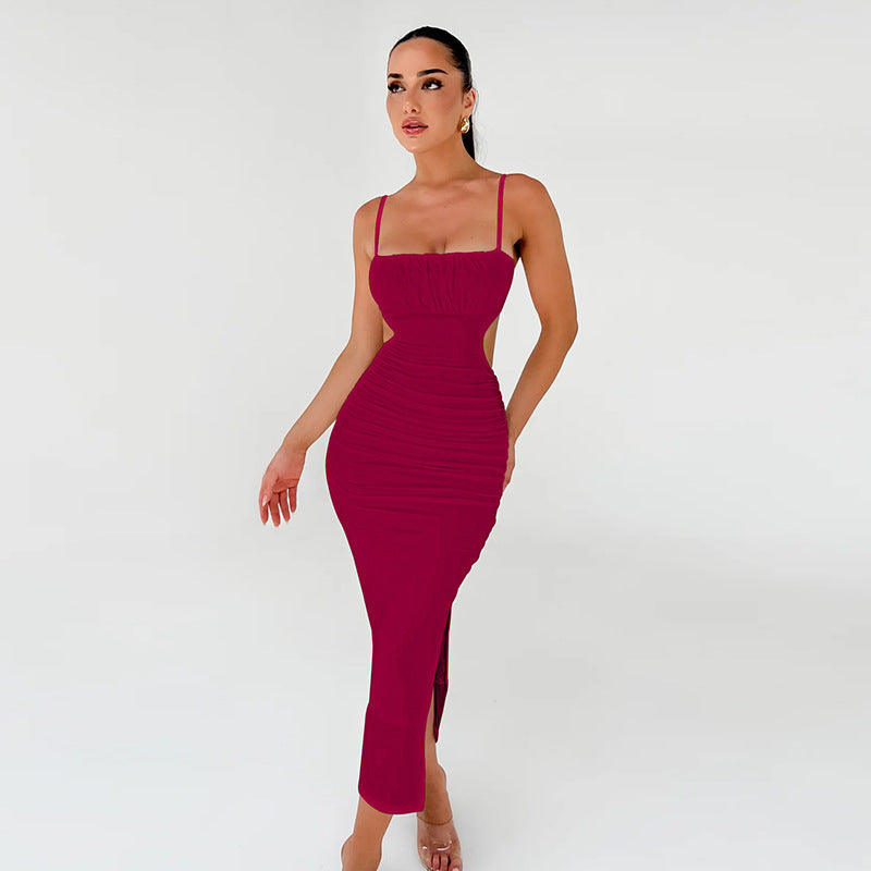Women Cami Dress Sexy Backless Ruffle Hip Side Slit Maxi Dress - ALZO