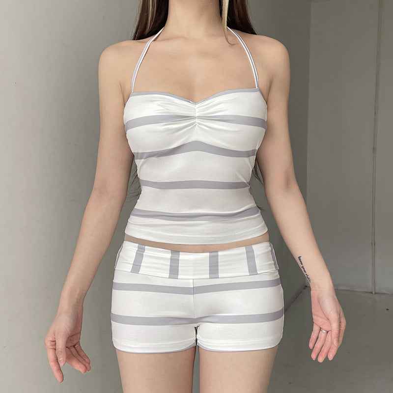 Casual Vacation Printed Striped Contrast Color Halter Lace up Vest Waist Shorts Two Piece Sets
