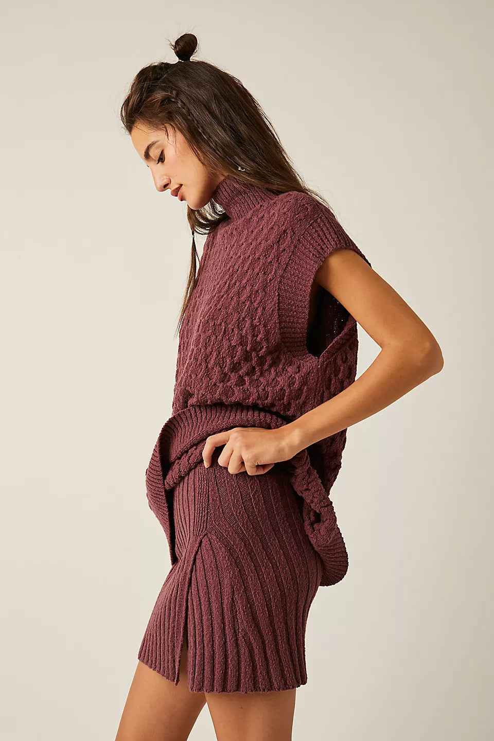 Autumn Winter Women Solid Color Sleeveless Casual Loose Woolen Top Sexy Skirt Two Piece Sets