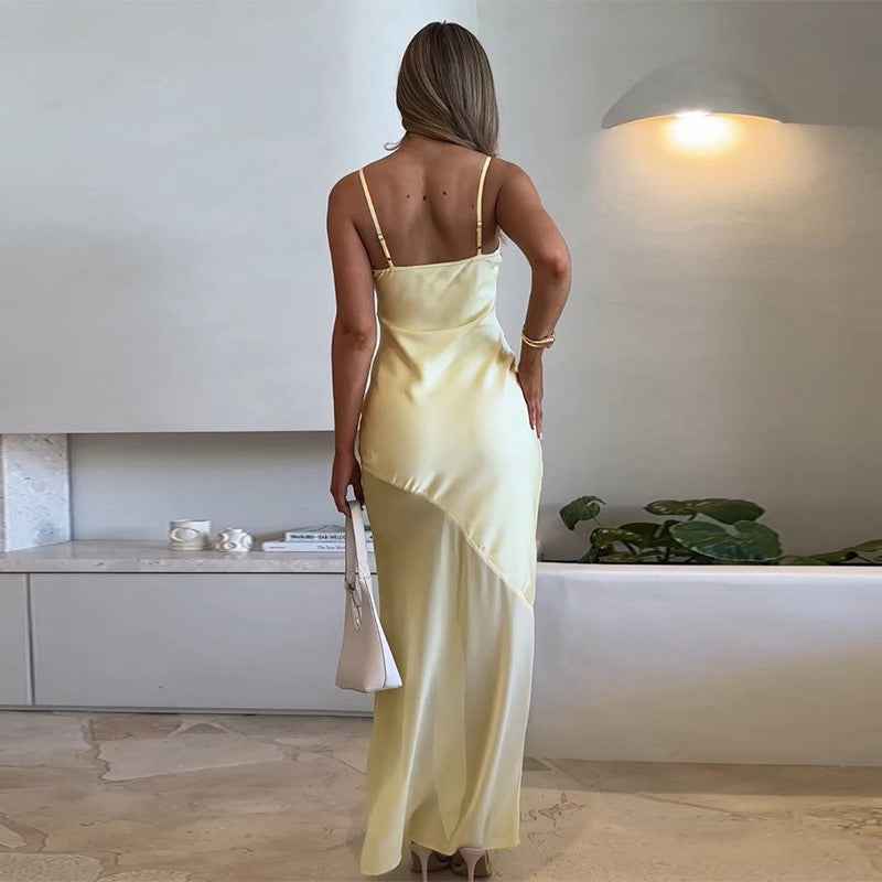 Fall Maxi Dress Classic Elegant Slim Satin Stitching Mesh Spaghetti Strap Dress
