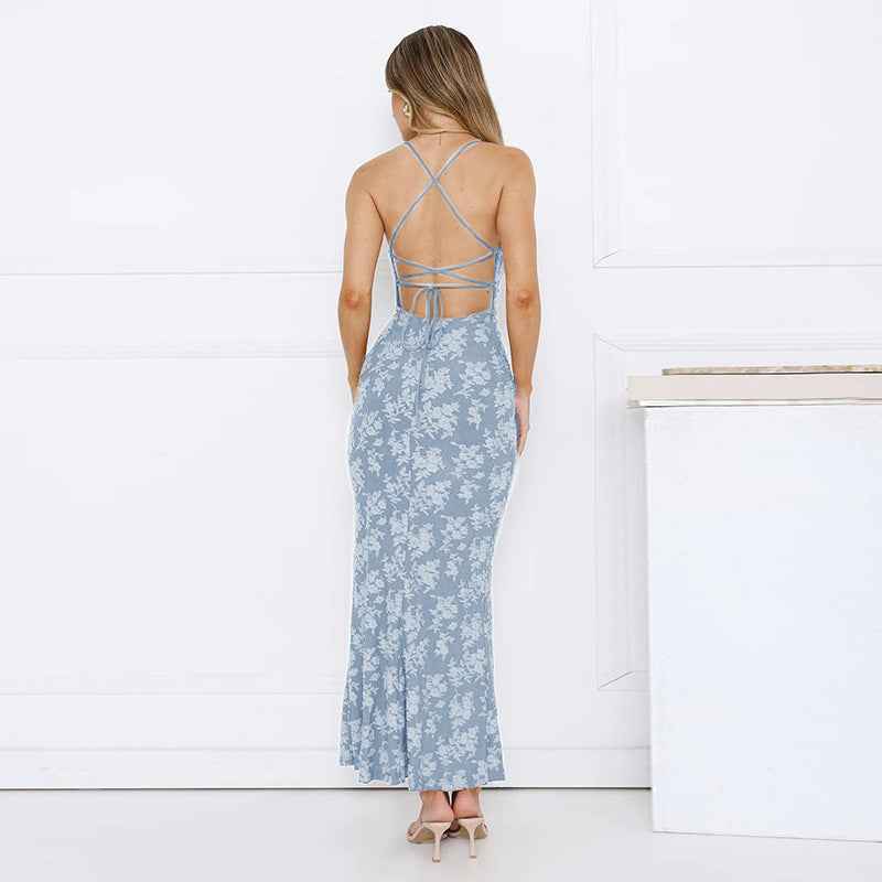 Maxi Dress Vest V neck Brace Printed Backless Lace up Dress Summer