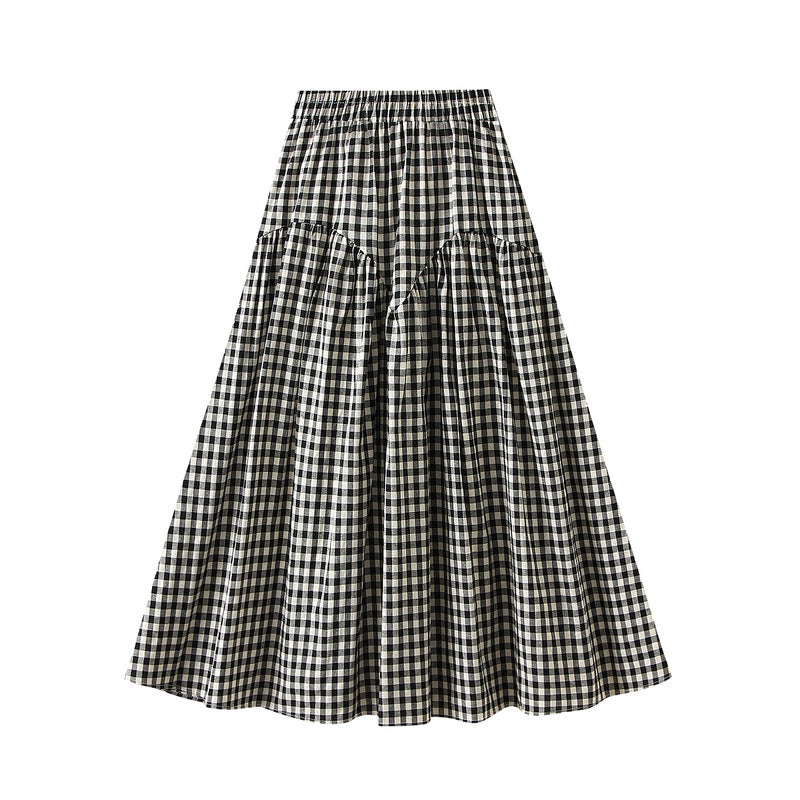 Retro Plaid High Waist Big Swing A line Skirt Women Slimming Casual Long Skirt - ALZO