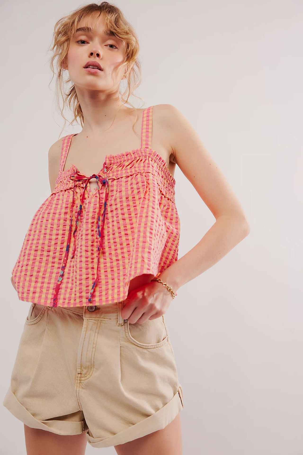 Summer Women Top Plaid Pleated Stitching Sexy Small Vest