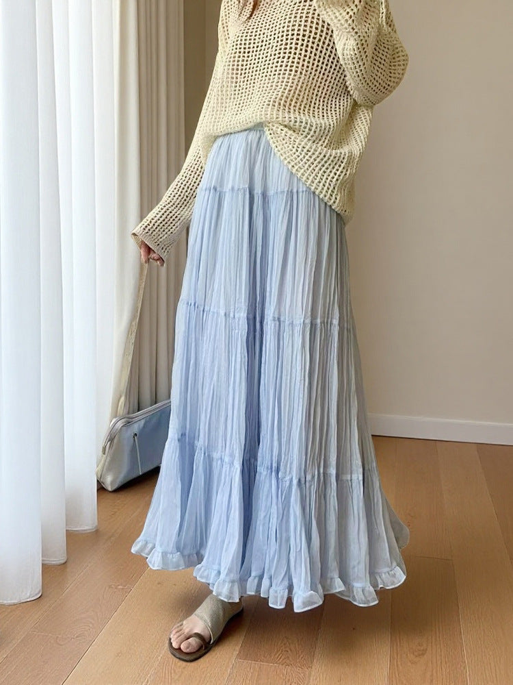 Summer Elegant Large Swing Skirt A Line Mid Length Pleated Skirt Ruffled Fishtail Skirt - ALZO