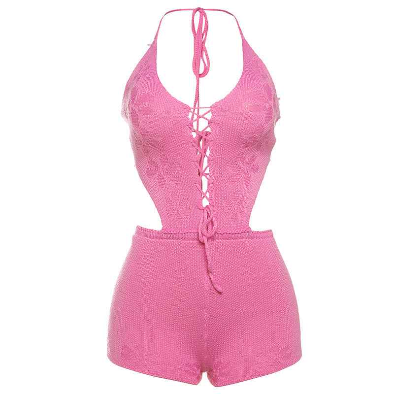 Women Clothing Spring Summer Knitted Sexy Cutout Solid Color Halter Lace up Backless Siamese Shorts Women