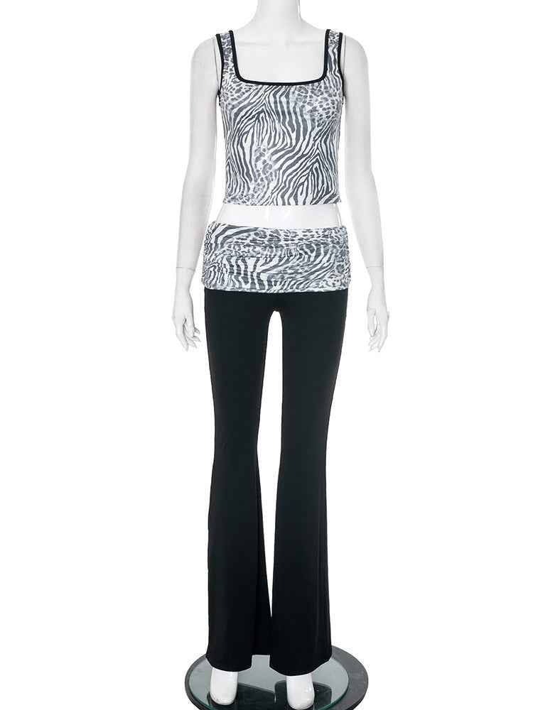 Women Clothing Leopard Print Contrast Color Sleeveless Vest Bootcut Pants Two Piece Sets