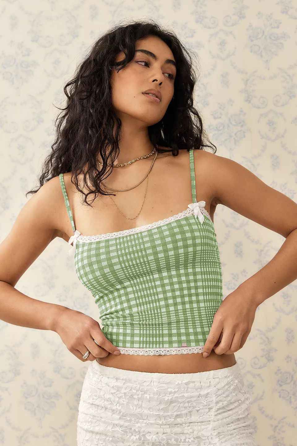 Summer Women Clothing Plaid Lace Sling Slim Fit Tank Top Sweet Spicy