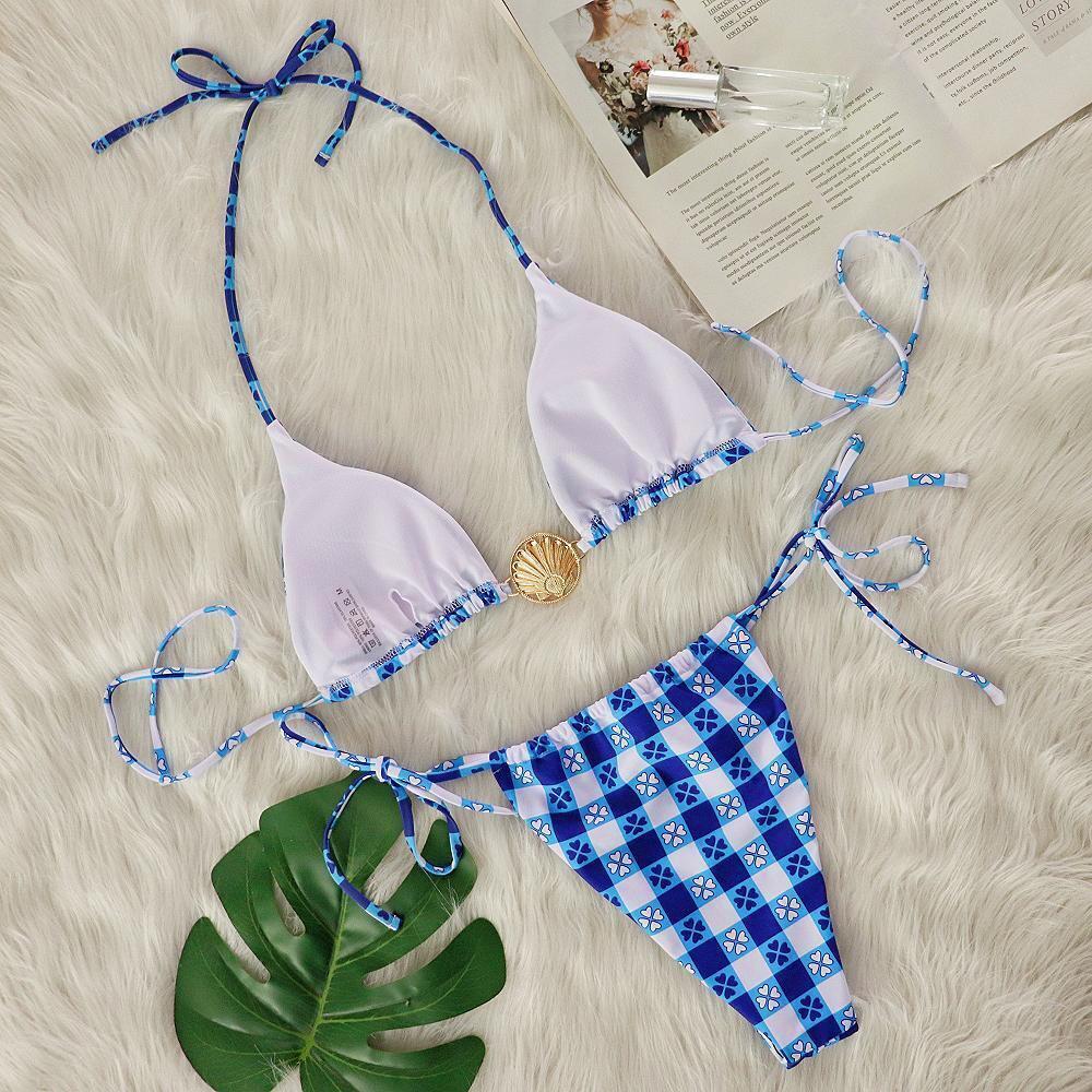 Bikini Sexy Plaid Printed Shell Pearl Swimsuit Bikini - ALZO