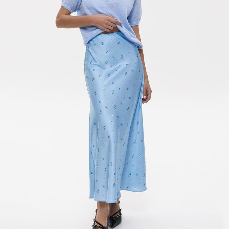 Women Clothing Satin Draping Printed Skirt Waist Controlled Sheath Skirt - ALZO