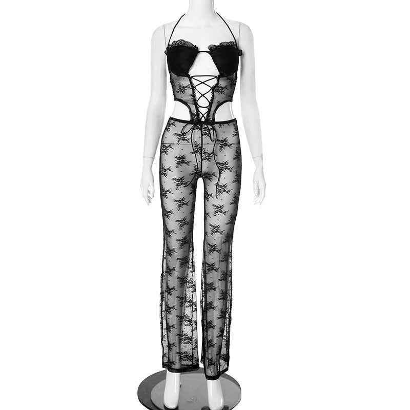 Women Spring Summer Lace Ribbon Padded Halter Lace up Tube Top Hollow Out Cutout-out Cropped Jumpsuit