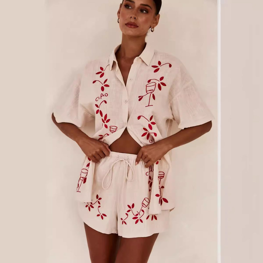 Spring Summer 3D Three Dimensional Embroidered Comfort Casual Shirt Short Suit - ALZO