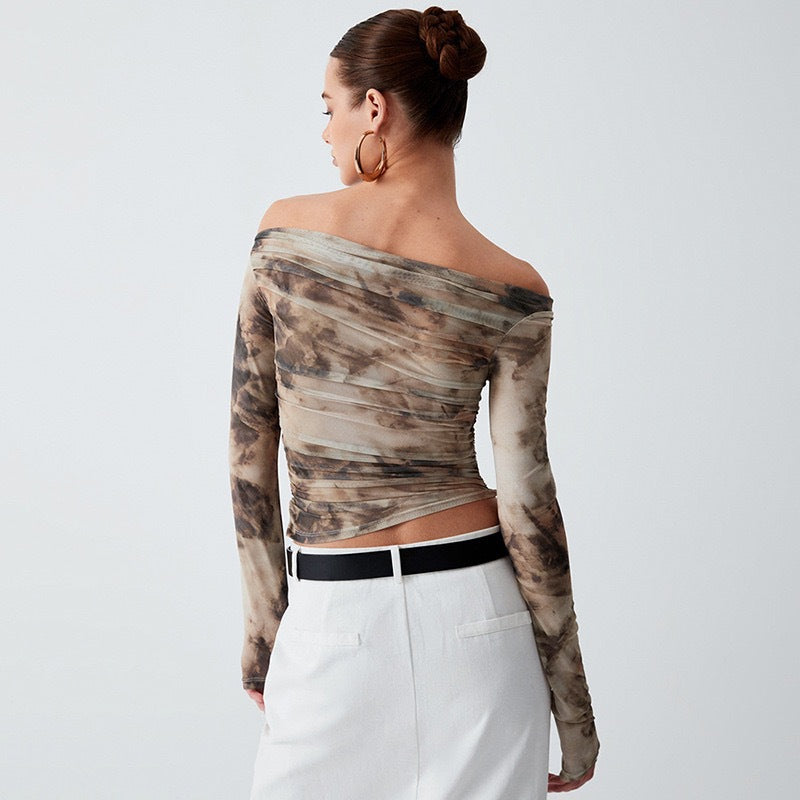 Retro 3D Printed Sexy Off Shoulder Pleated Top Bare Cropped Slim Fit T Shirt Women Spring - ALZO