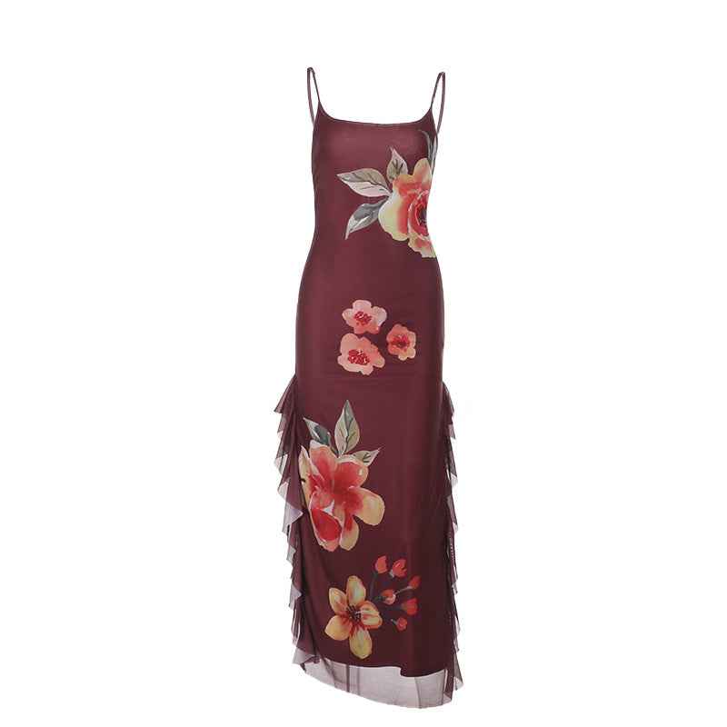 Sexy Long Women Floral Mesh Ribbon Slit Sheath Suspender Dress