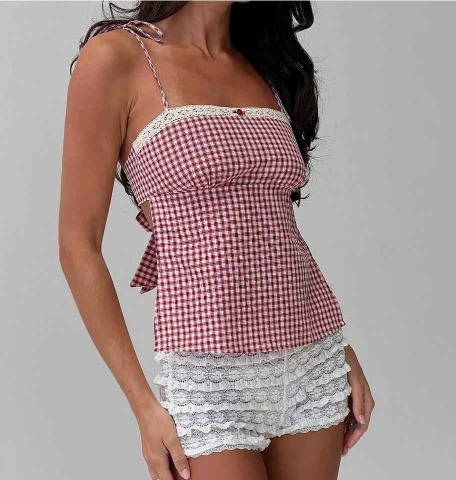 Summer Sexy Strap Women Clothing Sexy Lacing Backless Plaid Sling Small Tank Top Top