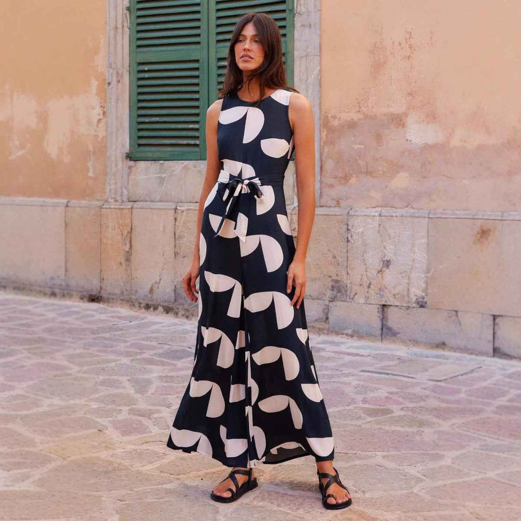 Summer round Neck Printed Waist Controlled Wide Leg Jumpsuit Women