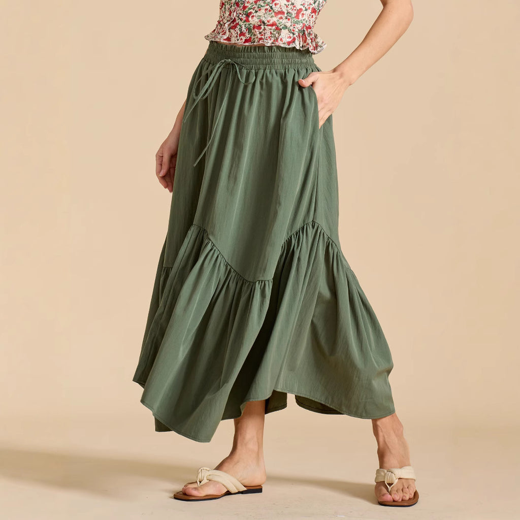 Women Wave Lace up Adjustable Skirt High Waist Elastic Large Swing Skirt Retro Long Skirt - ALZO