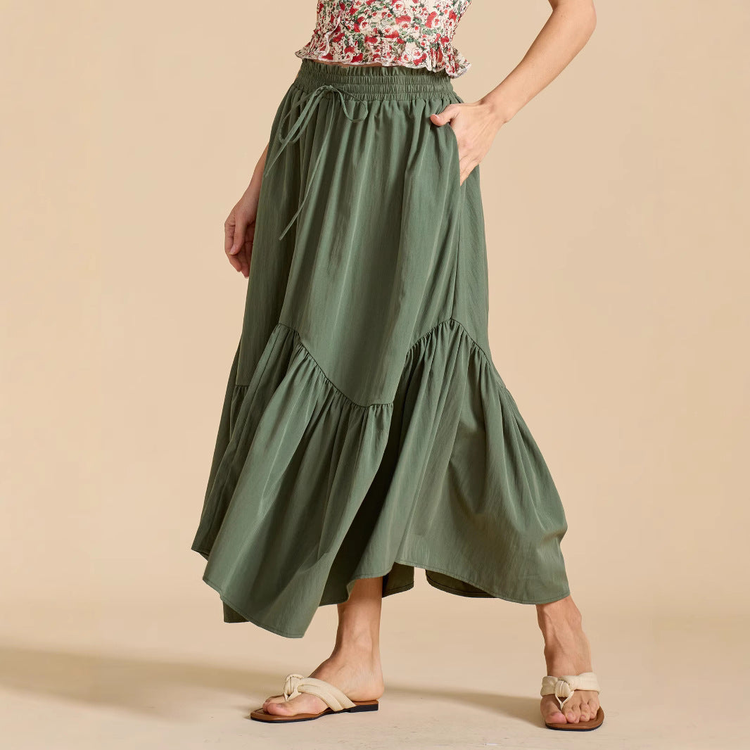 Women Wave Lace up Adjustable Skirt High Waist Elastic Large Swing Skirt Retro Long Skirt - ALZO