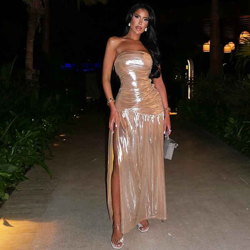 Summer Women Solid Color Sexy Slit Slim Tube Top Dress