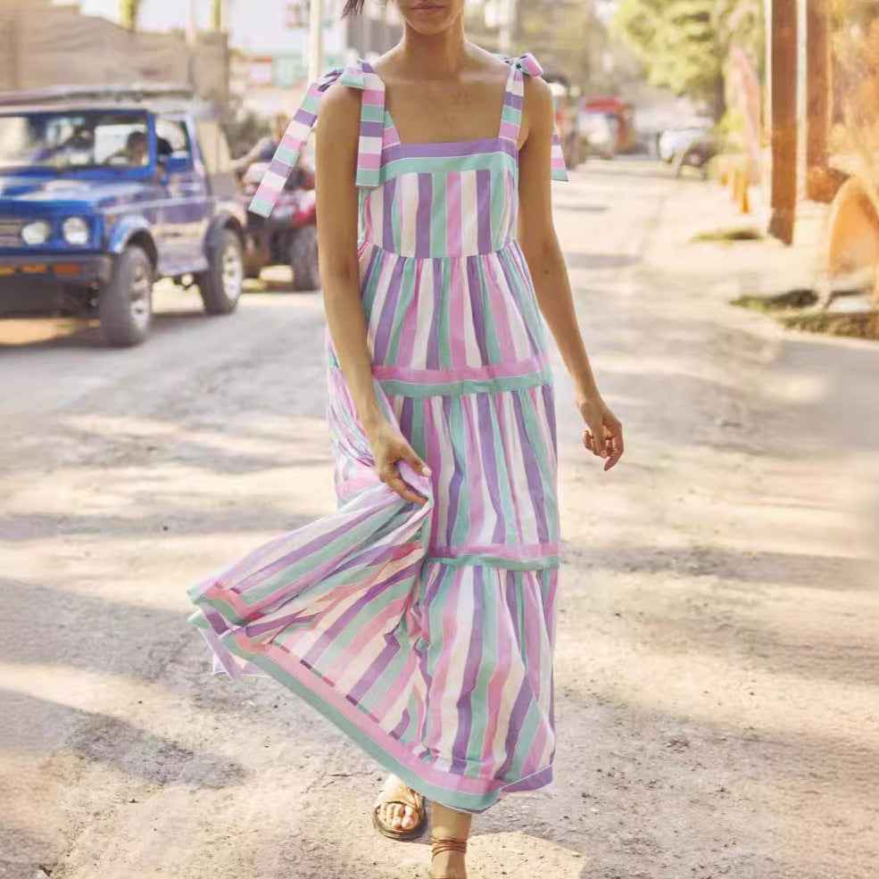Sling Vacation Dress Double Shoulder Lace up Striped Contrast Color Dress Casual Color Matching Dress