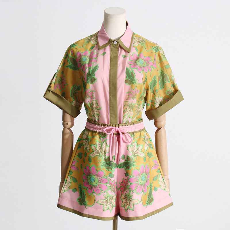 Summer Unique Print Design Shirt Top Casual Shorts Suit Women Two Piece Suit