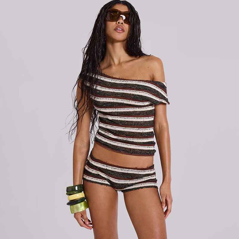 Summer Sexy Shoulder Striped Top Slim Fit Hip Raise Shorts Set Women