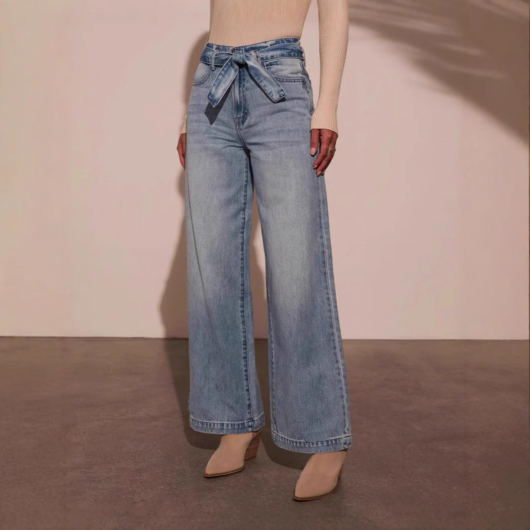 Women High Waist Lace up Washed Straight Wide Leg Jeans - ALZO